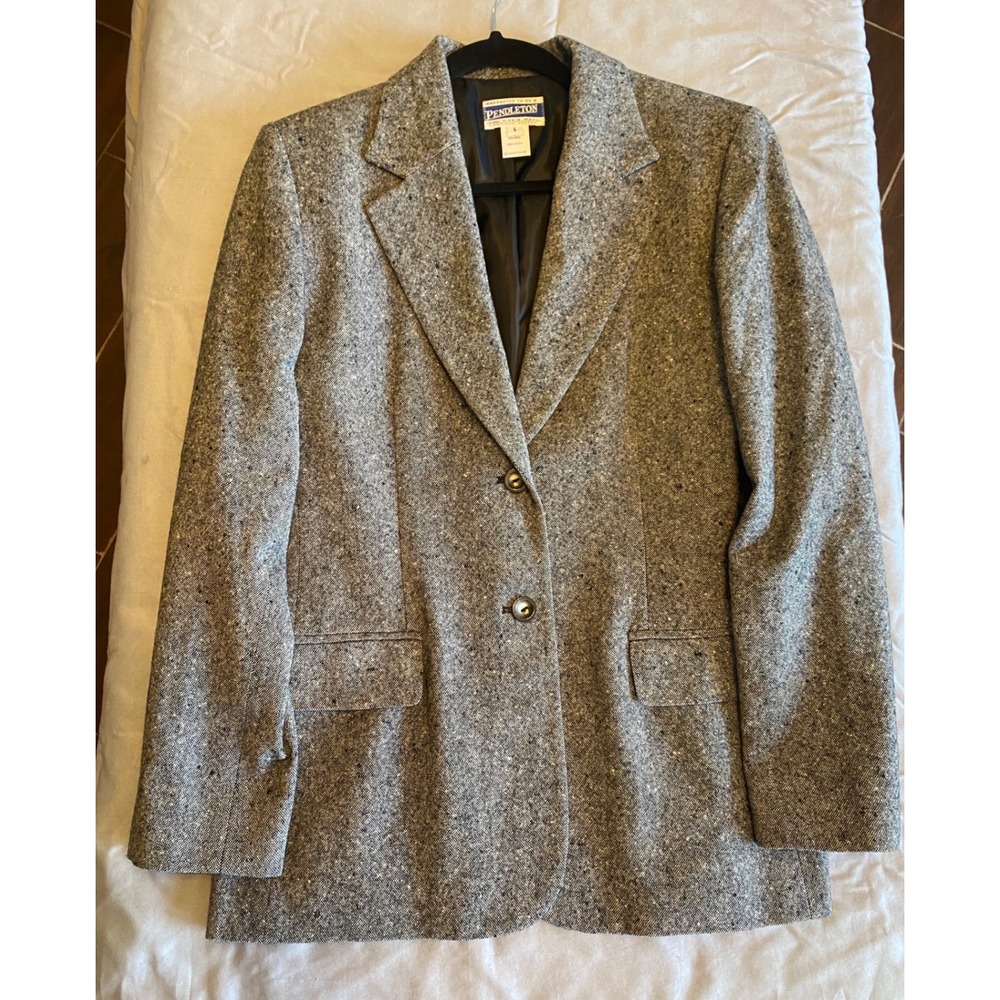 Pendleton 100% Virgin Wool Blazer Women's 6 Gray Tweed 2 Button Career Jacket